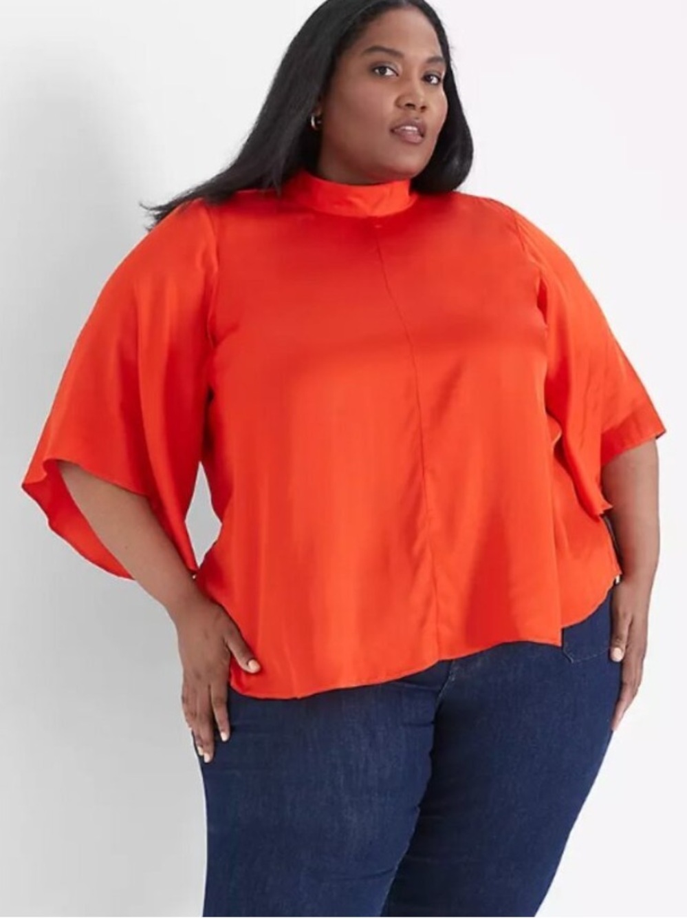 Lane Bryant Women Plus Size 22 Red Satin Relaxed Flutter Sleeve Mock Neck Top